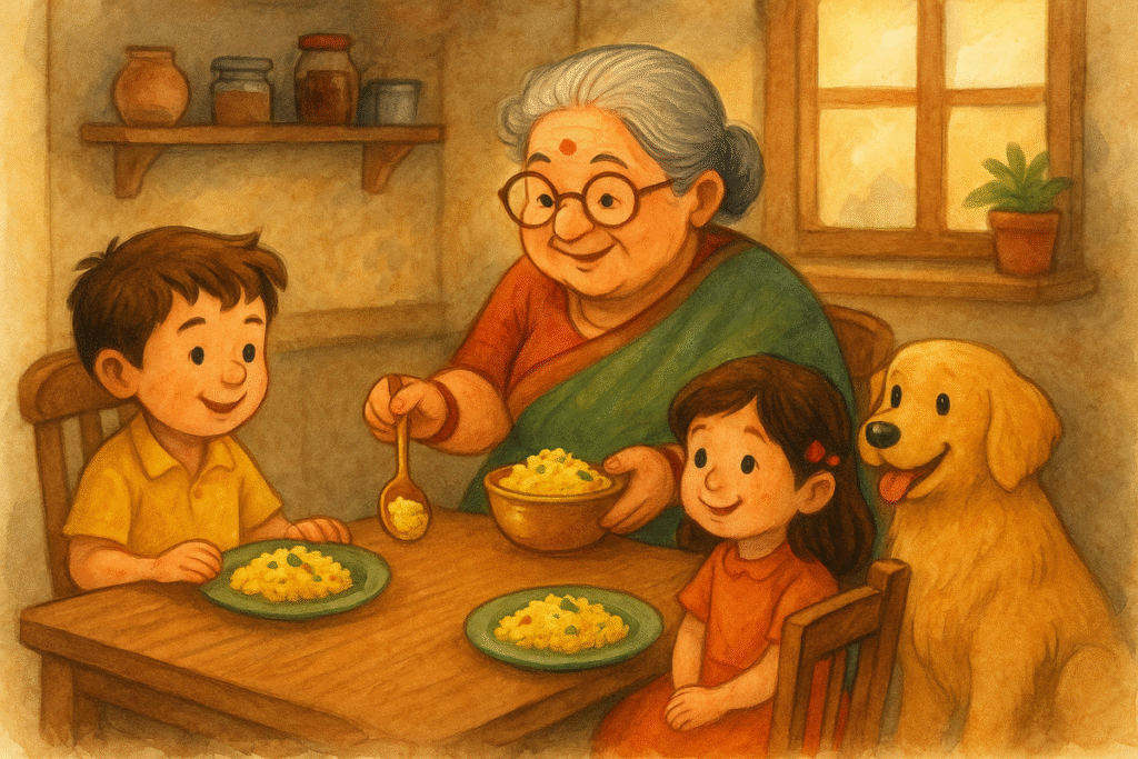 Dadi serving poha to kids and Coopie – Storybook style illustration