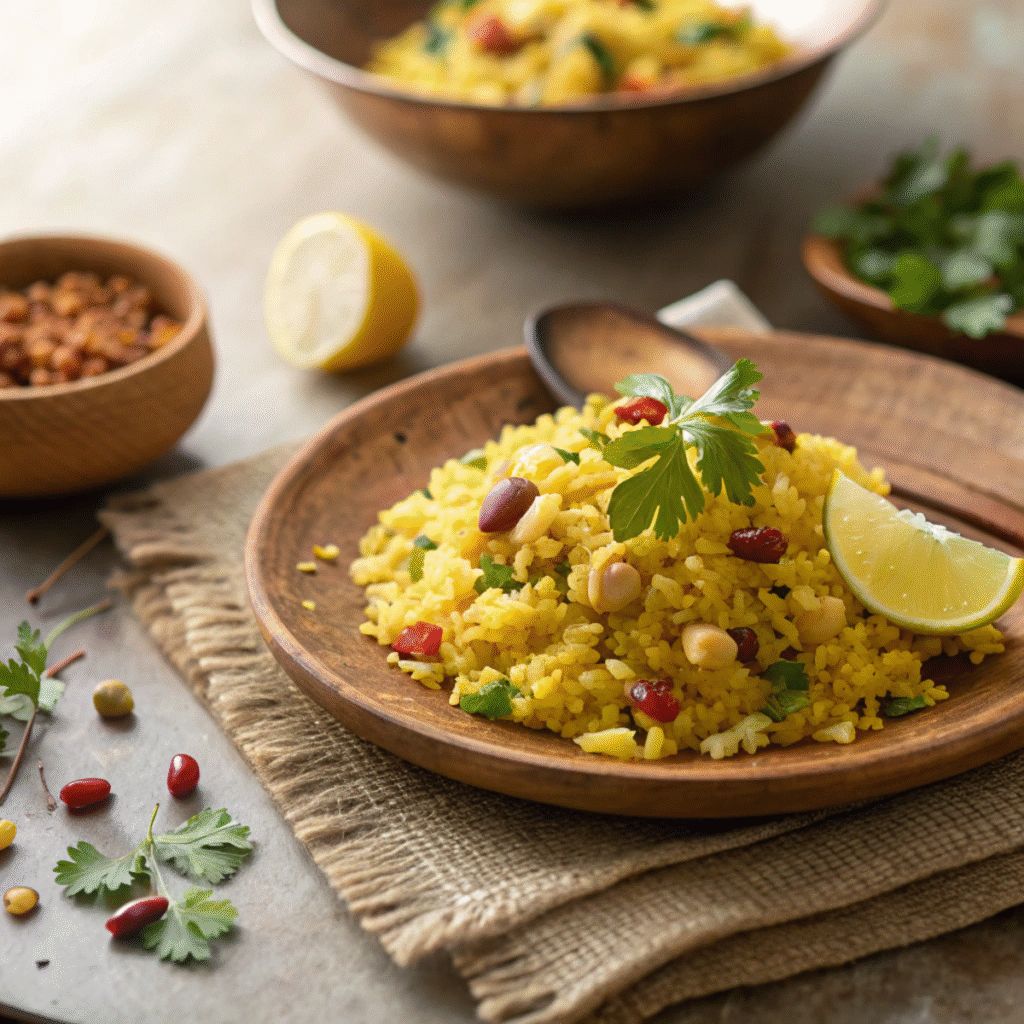 Final dish of Crispy Morning Poha garnished with coriander and peanuts.