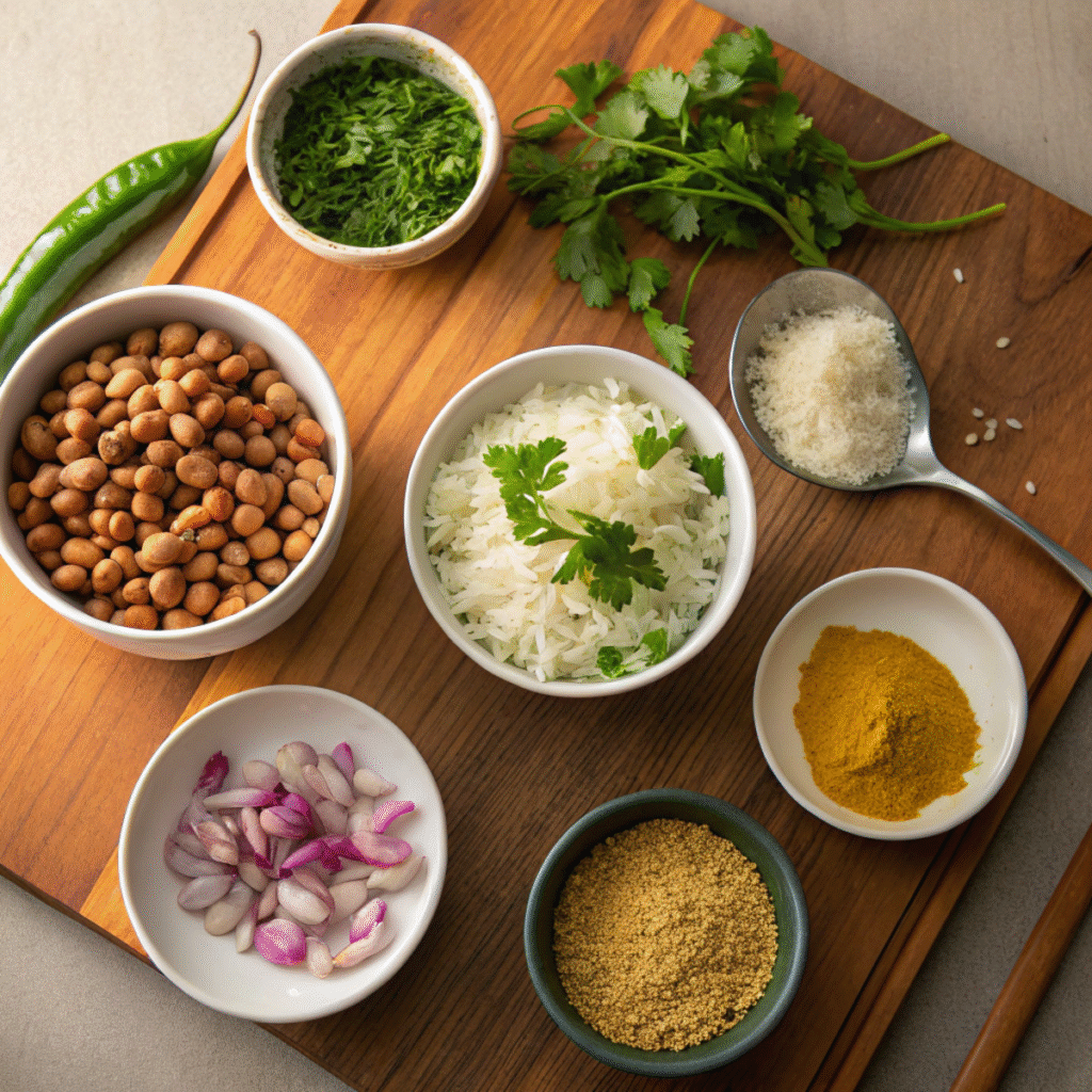 Ingredients for Crispy Morning Poha arranged in katoris – Top-down view